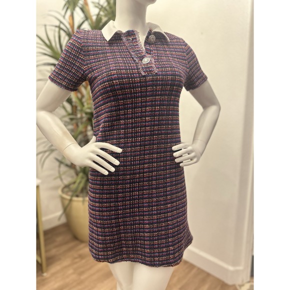 Zara Tweed Shift Dress Women M/6/8 60s Vibes Mini Pink Blue Collar Texture Gogo - Picture 1 of 9